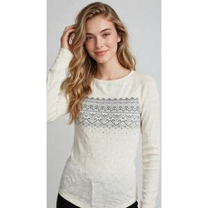 Eddie Bauer Fair Isle Thermal Waffle Knit Sweater Long Sleeve Cream Women S